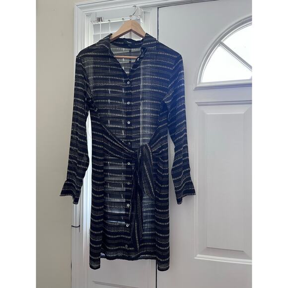 Theory Black Silk Semi Sheer Collared Waist Tie Long Sleeve Shirt Dress Small - Picture 3 of 14